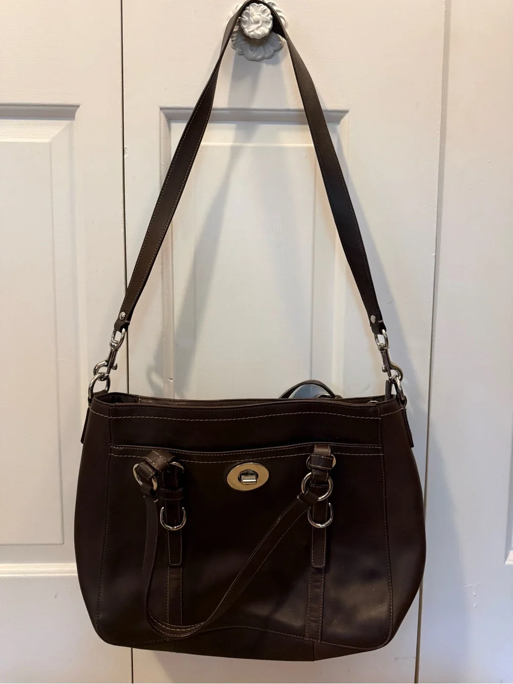 Coach Dark Brown Leather Shoulder Bag with Turn-Lock